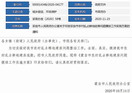 蒙自市农村乱占耕地建房问题摸排工作实施方案-官网截图