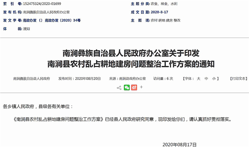 南涧县农村乱占耕地建房问题整治工作方案-官网截图